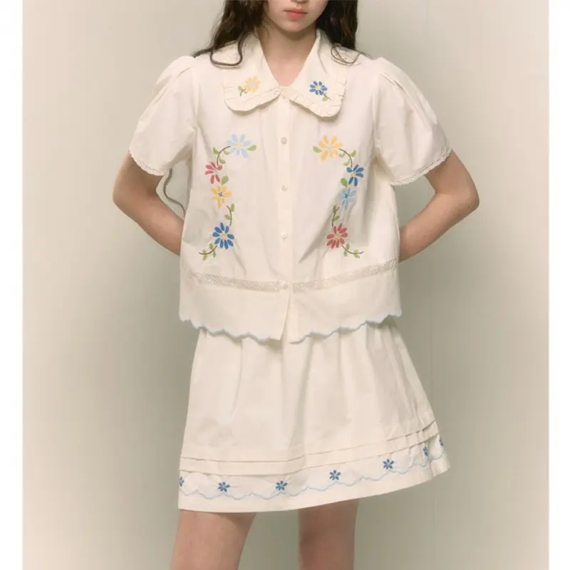 เซ็ตเสื้อปักดอกกระโปรงวินเทจ