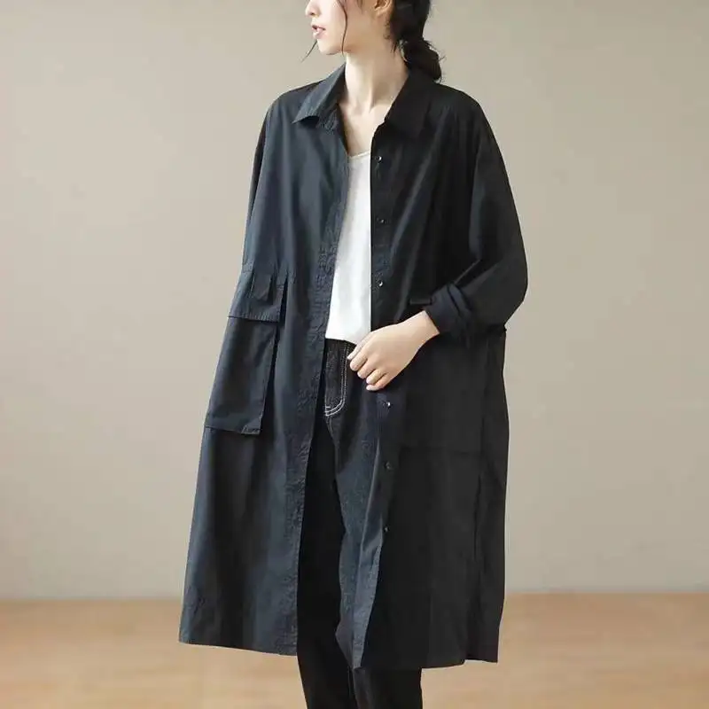 เสื้อแจ็คเก็ตผ้าคอตตอนลินินทรงยาว