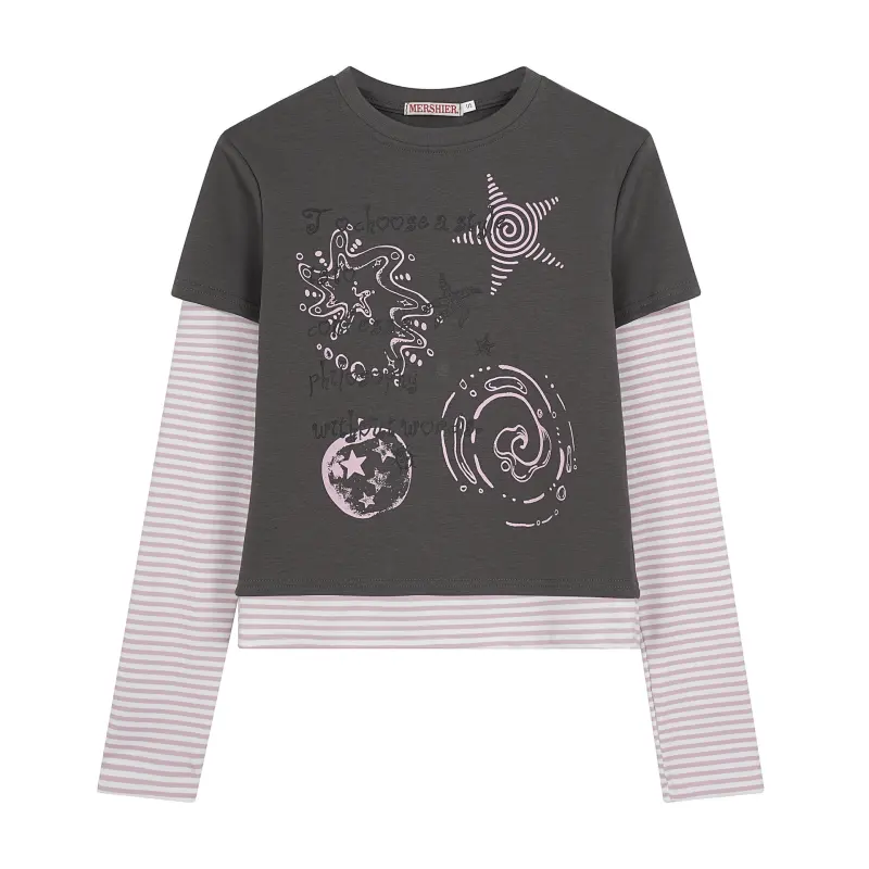 เสื้อยืดแขนยาวลายทางหลอกสองชั้น