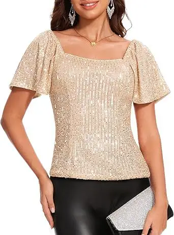 เสื้อคอเหลี่ยมแขนพองประดับเลื่อม